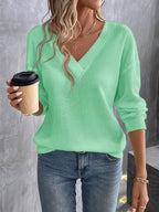 Sarah Express Women's Plus Size V-Neck Long Sleeve Waffle Knit T-Shirt