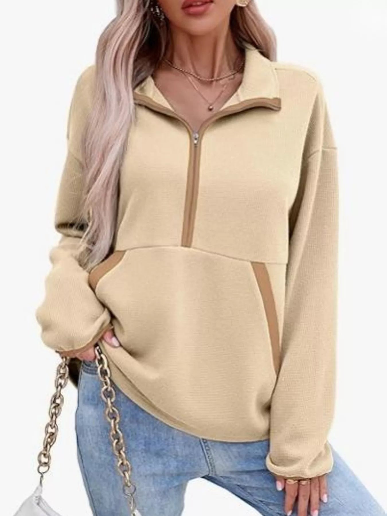 Sarah Express Women's Half Zip Dropped Shoulder Sweatshirt Apricot