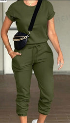 Women's 2-Piece Casual Set Round Neck Top Drawstring Pants