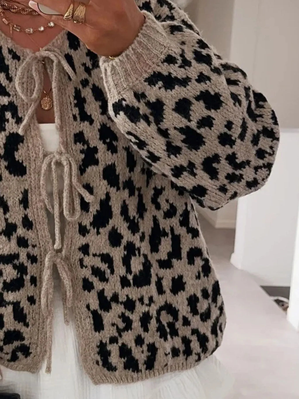 Sarah Express Women's Leopard Tie Front Cardigan