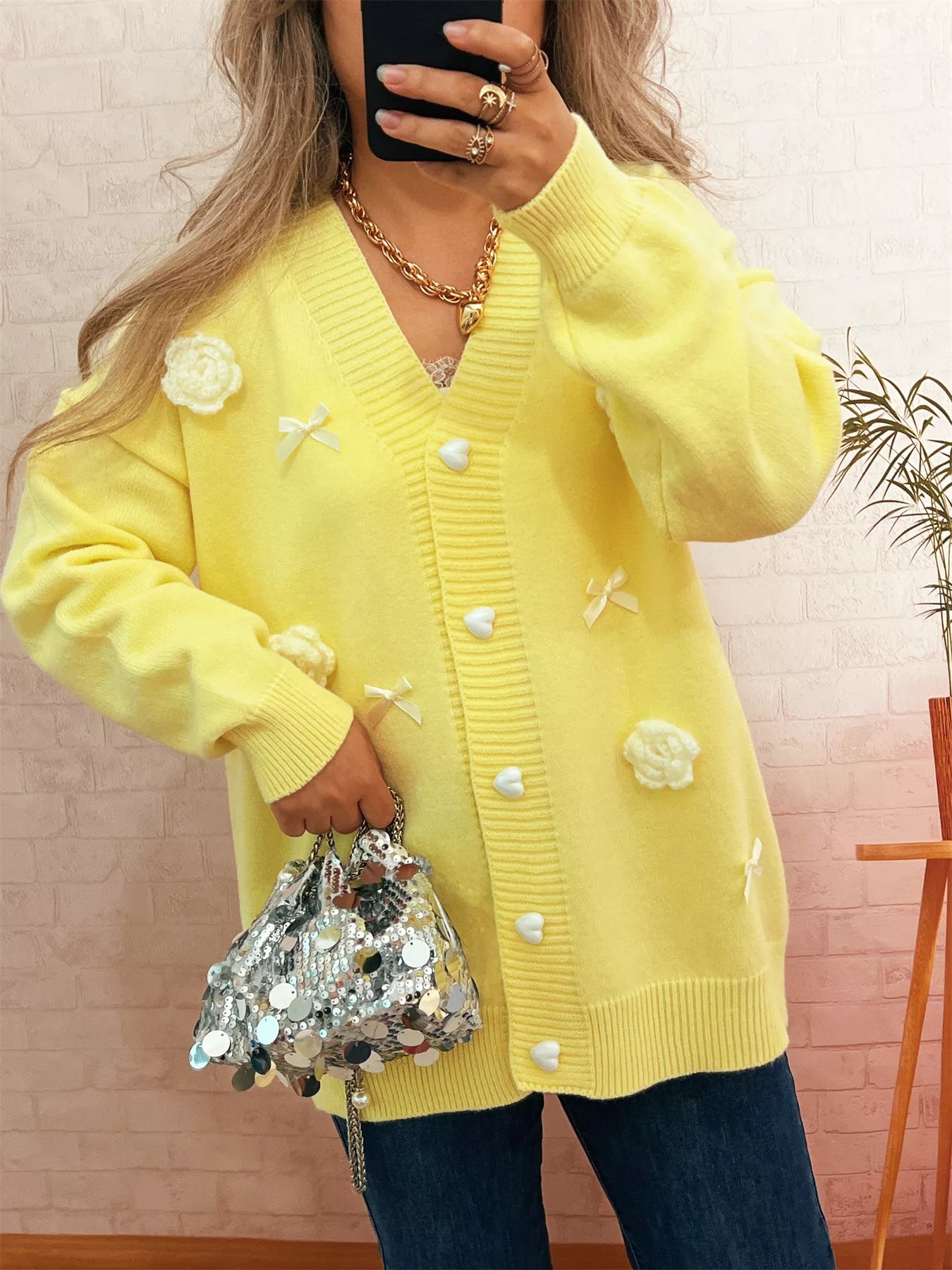 Sarah Express Women's Flower Heart Button Long Sleeve Cardigan