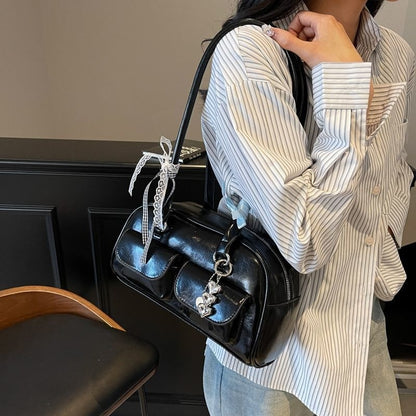 Sarah Express Bow-Tie Ribbon Bowling Bag | Stylish High-Capacity Shoulder & Tote Bag for Women Black With pendant