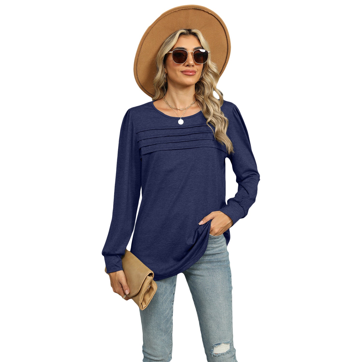 Solid Color U-Neck Pleated Long Sleeve Top for Women