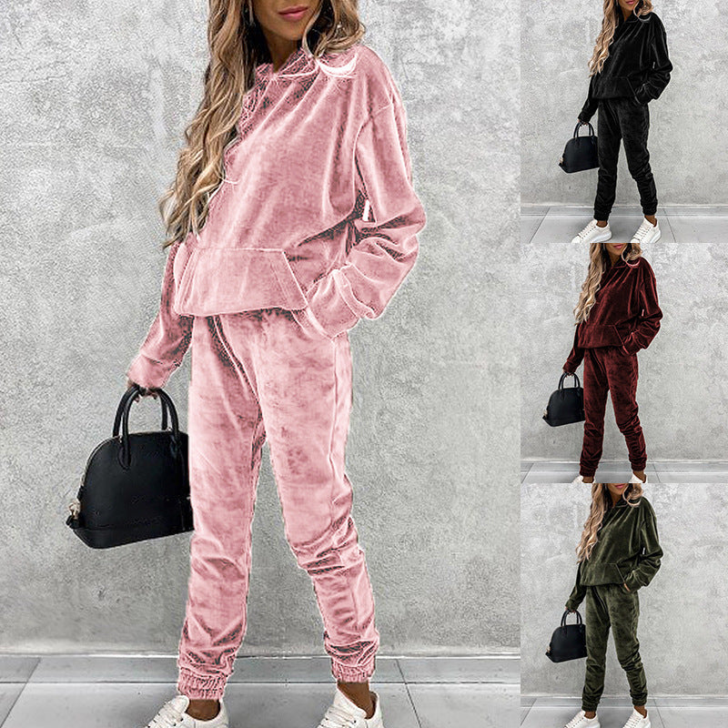 Velvet Hoodie Jogger Set Two-Piece Athleisure Tracksuit