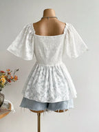 Sarah Express Women's Plus Size Floral Flutter Sleeve Blouse with Smocked Back