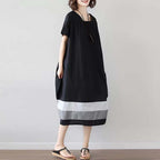Women's Cotton Linen Midi Dress Short Sleeve Color Block - Casual Plus Size One Size Black