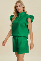 Sarah Express Women’s Plus Size Textured Flounce Sleeve Top and Shorts Set