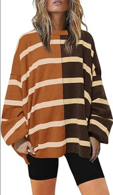 Women's Striped Knit Sweater Long Sleeve Pullover Loose Fit Acrylic