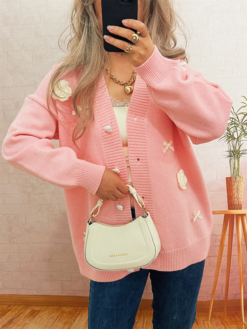 Sarah Express Women's Flower Heart Button Long Sleeve Cardigan