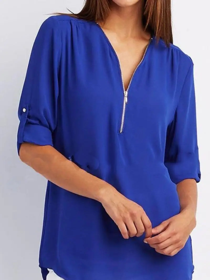 Ruched Half Zip V-Neck Blouse with Rollable Sleeves