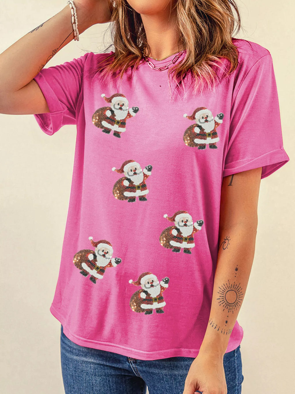 Sarah Express Women's Santa Claus Deliver Gifts Sequin Short Sleeve Tee