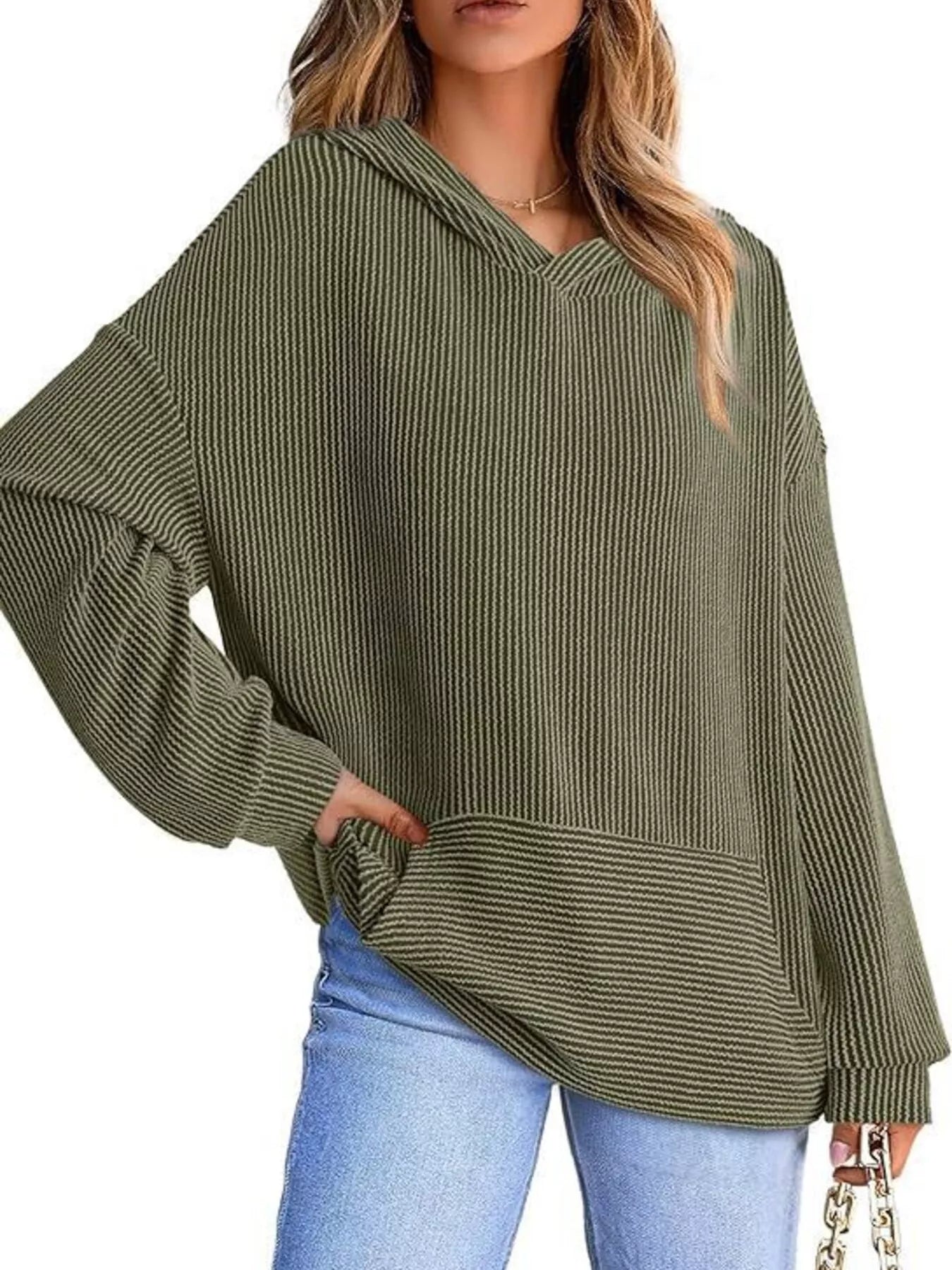Sarah Express Women's Ribbed Oversized Hoodie Sweatshirt with Pocket Military Green