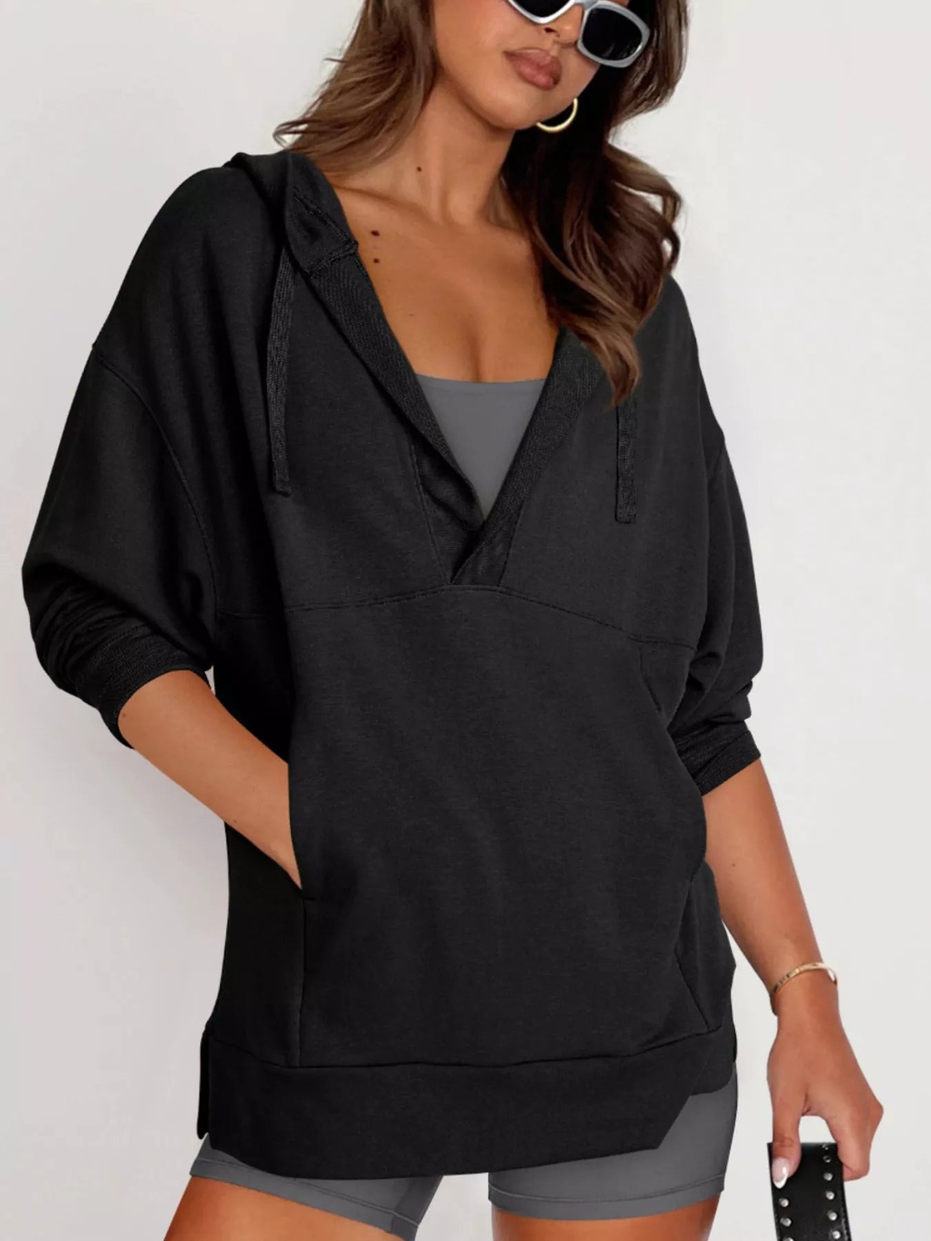 Sarah Express Women's Drawstring Kangaroo Pocket Long Sleeve Hoodie Black