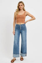 Sarah Express Women’s High Rise Cuffed Wide Leg Jeans with Patch Pockets

