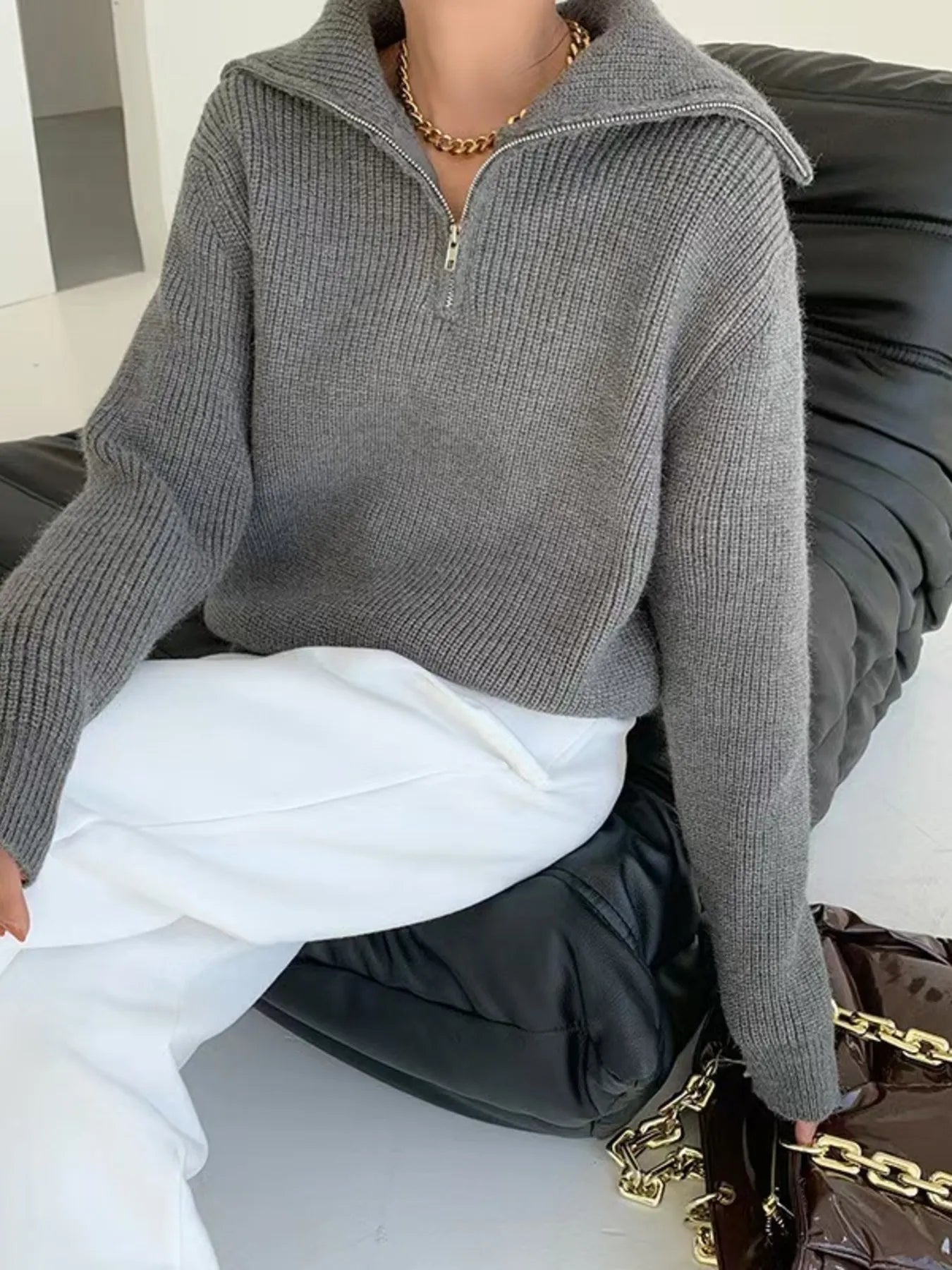 Sarah Express Women's Half-Zip Long Sleeve Sweater Dark Gray