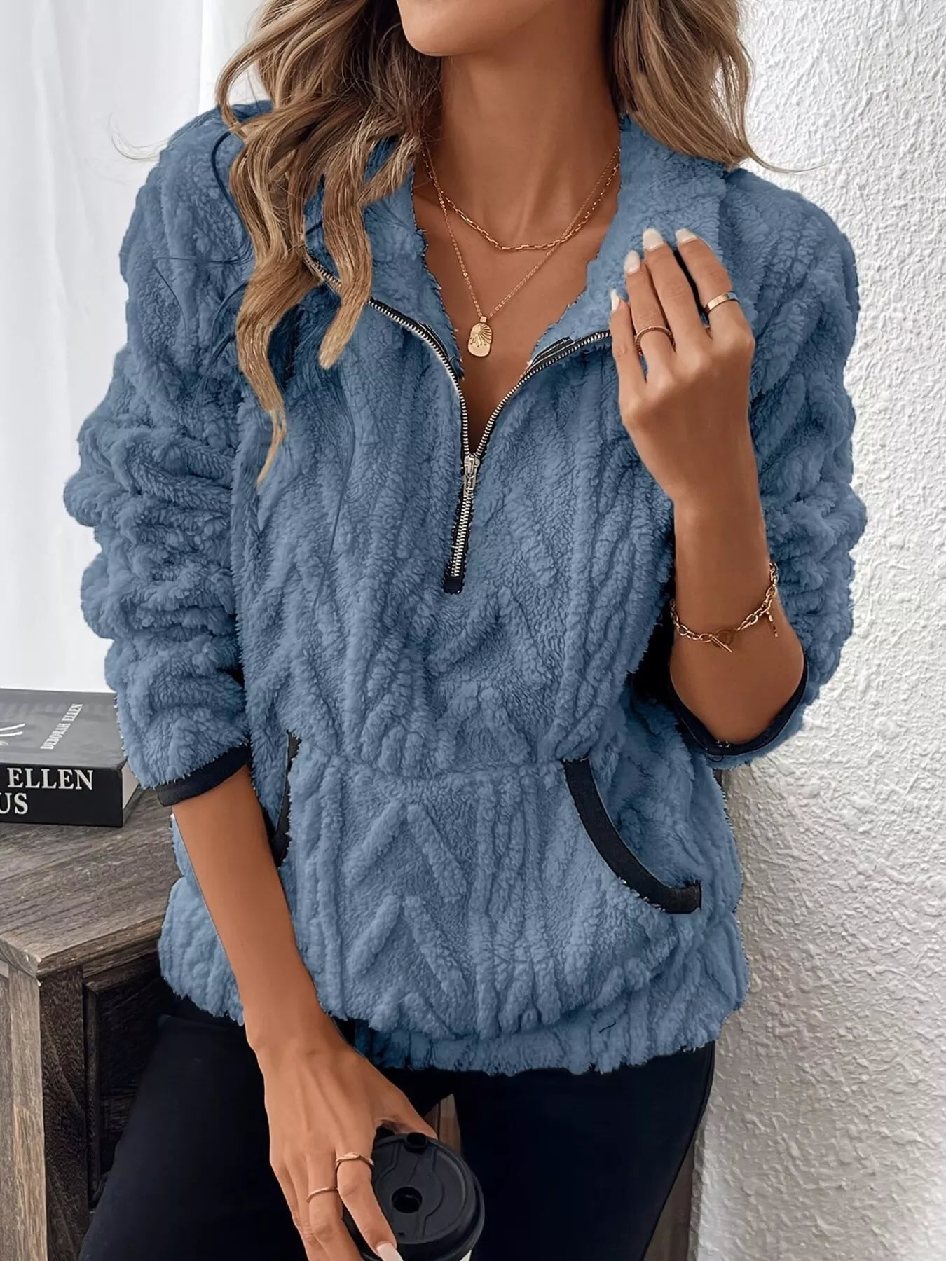 Trendsi Full Size Fleece Half Zip Sweatshirt Plus Size Blue