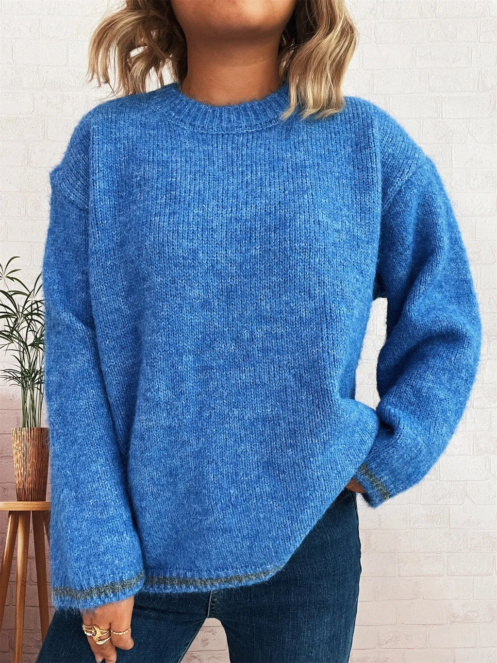 Sarah Express Women's Contrast Trim Round Neck Cozy Sweater