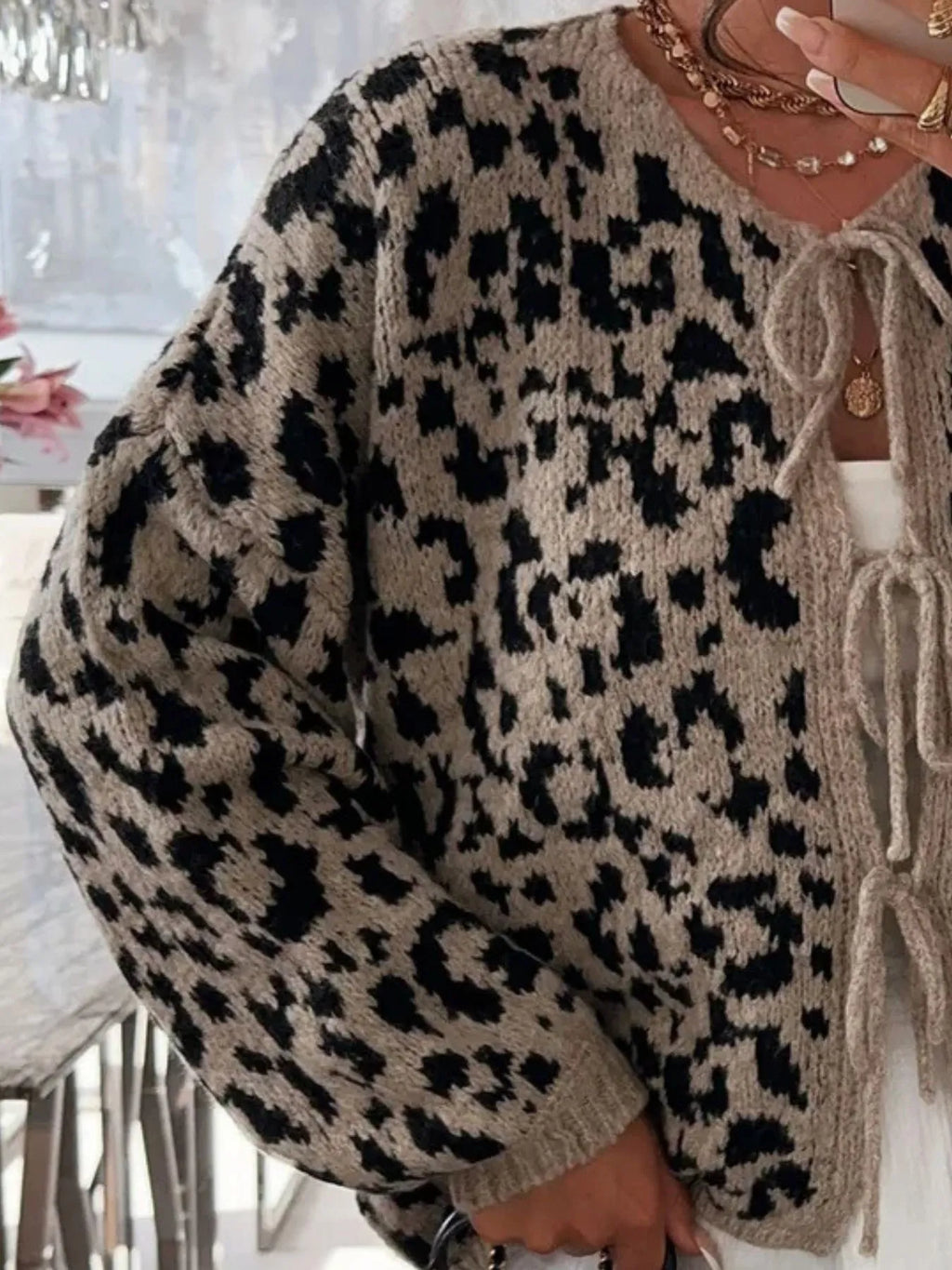 Sarah Express Women's Leopard Tie Front Cardigan