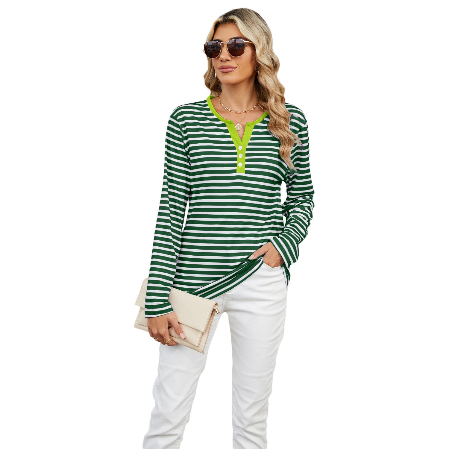 Women's V-Neck Striped Long Sleeve T-Shirt Loose Fit Casual Top