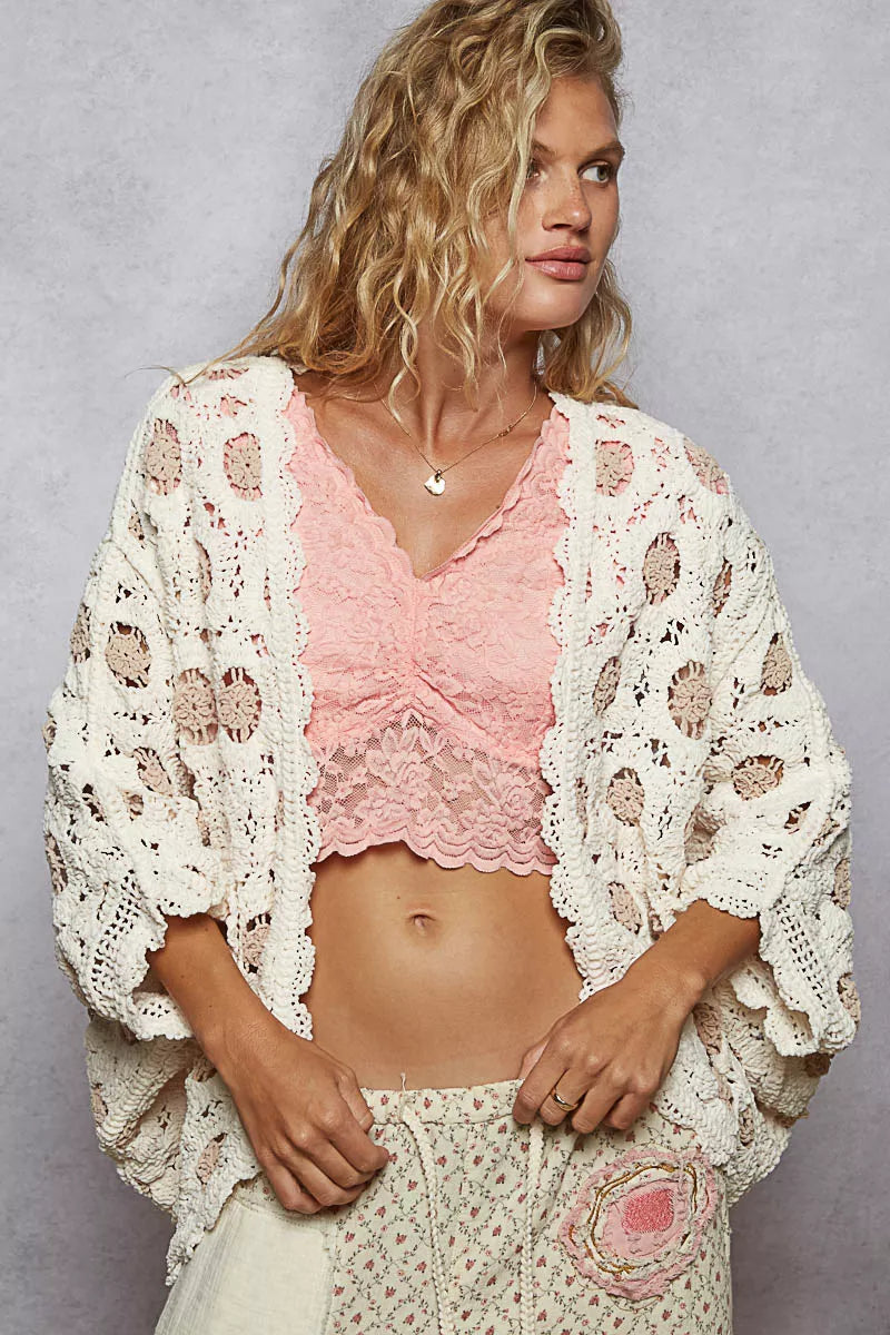 Sarah Express Women’s Openwork Chenille Cardigan with Floral Contrast V-Neck