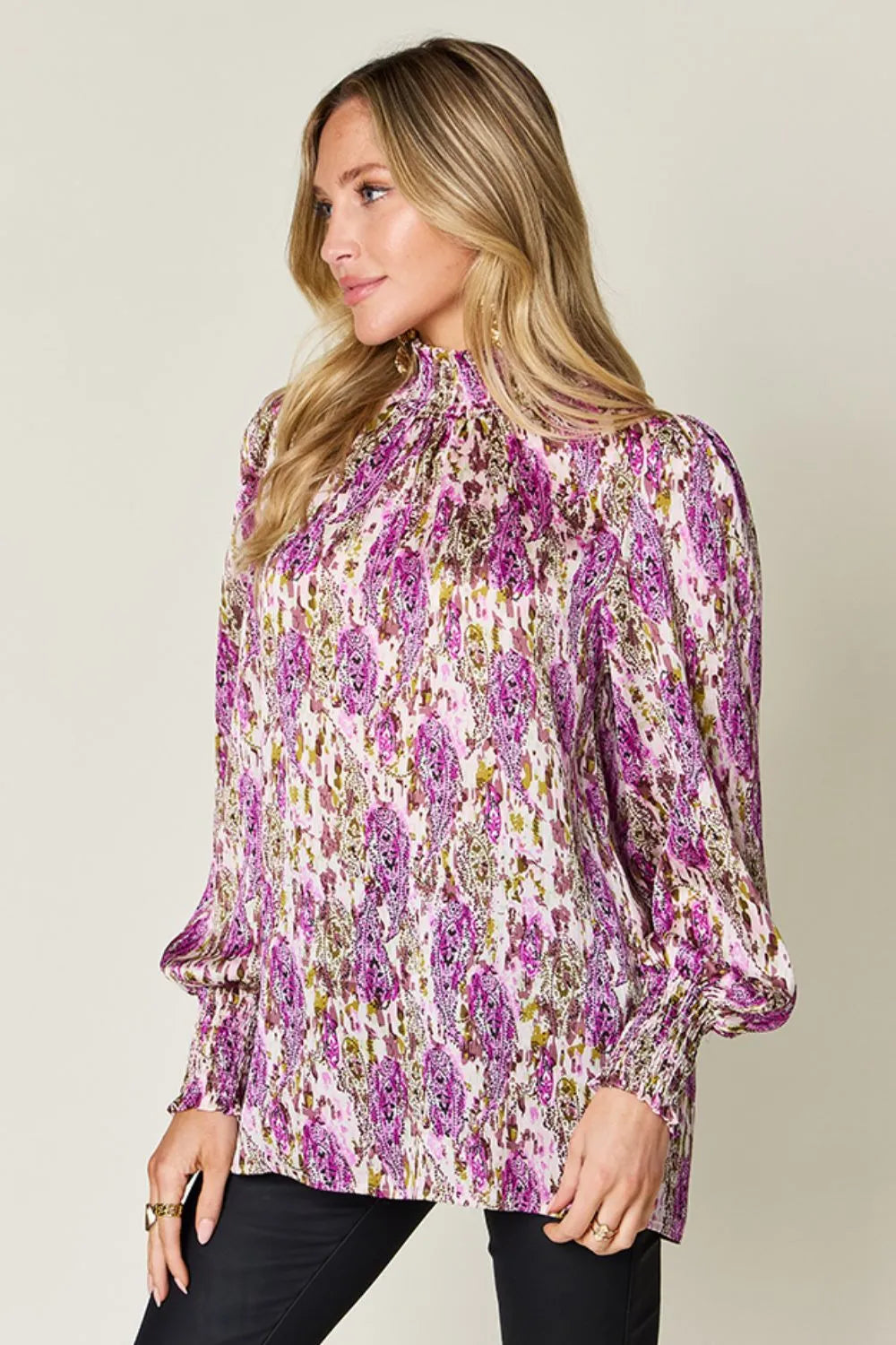 Sarah Express Women's Printed Smocked Long Sleeve Blouse