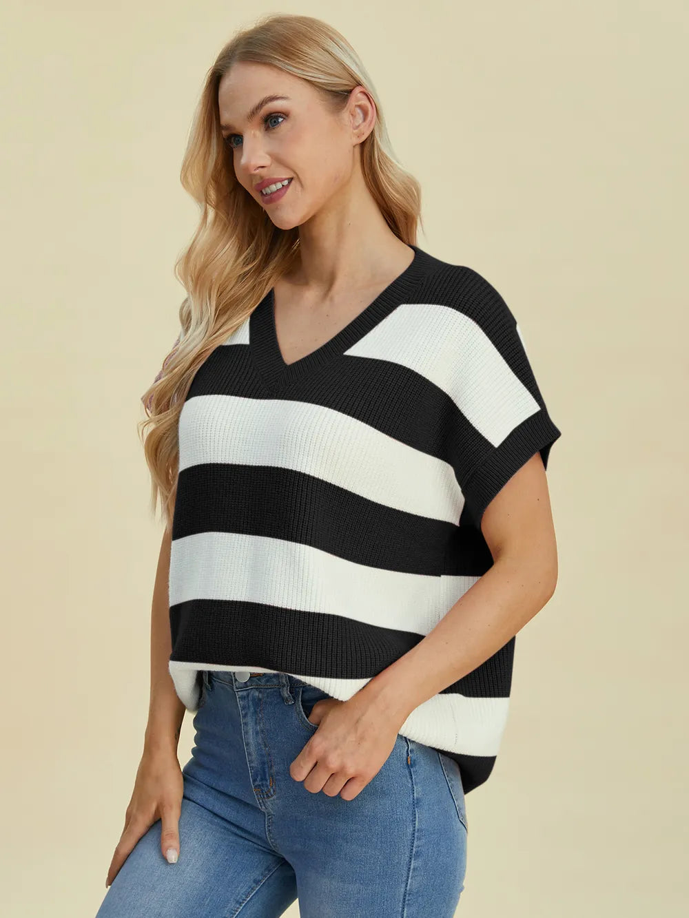 Sarah Express Women's Striped V-Neck Short Sleeve Sweater