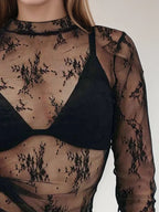 Sarah Express Women's Floral Mock Neck Long Sleeve Mesh Top