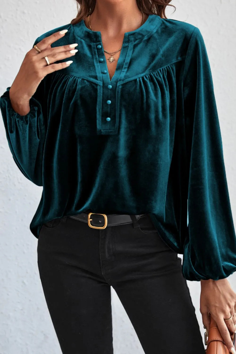 Sarah Express Women's Notched Long Sleeve Velvet Top Deep Teal