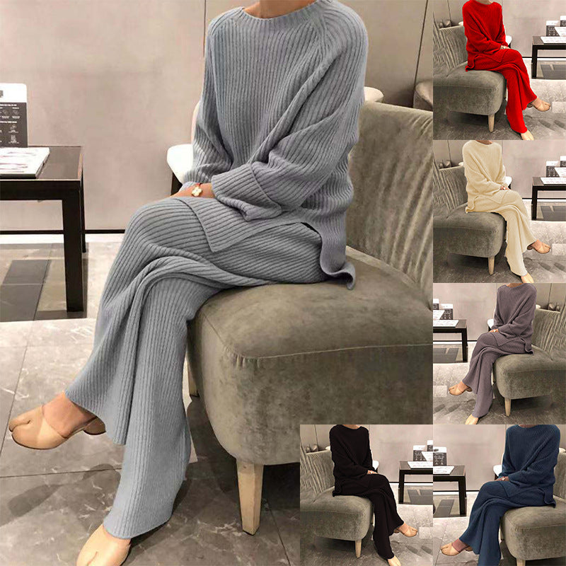 Women's Knit Sweater Two Piece Matching Set Long Sleeve Top Pants