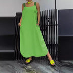 Women's Striped Cotton Linen Maxi Dress Sleeveless Shoulder Strap Dress with Pockets