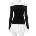 Off-Shoulder High Waist Dress Long Sleeve Contrast Stitching