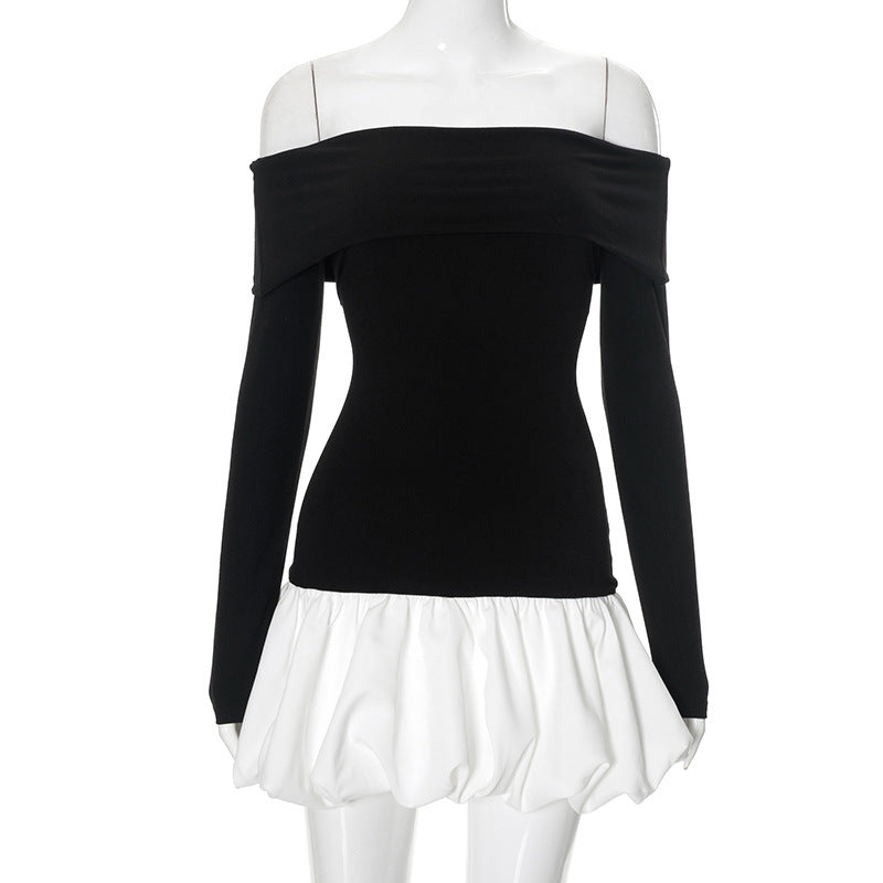 Off-Shoulder High Waist Dress Long Sleeve Contrast Stitching