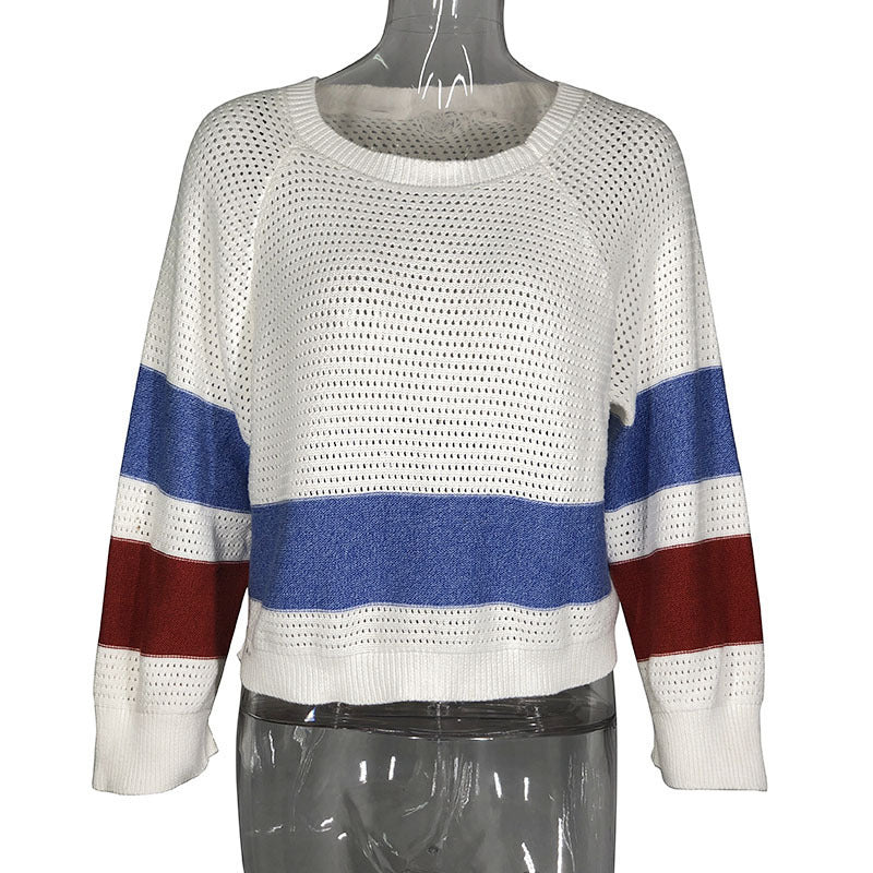 Striped Hollow-Out Pullover Sweater Long Sleeve Color Block Top