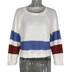 Striped Hollow-Out Pullover Sweater Long Sleeve Color Block Top