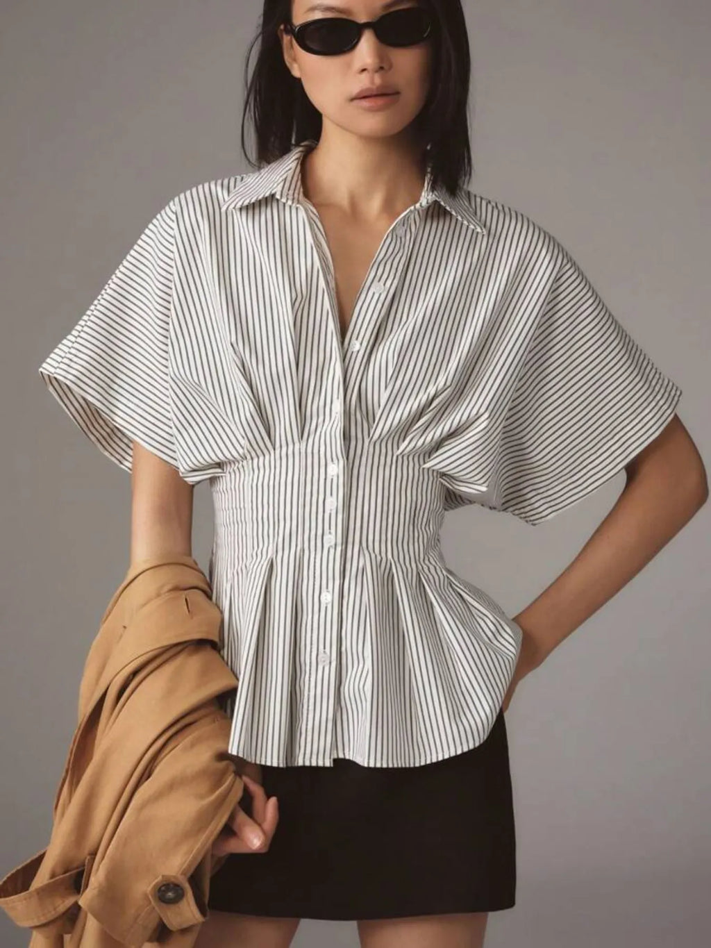 Sarah Express Women's Striped Short Sleeve Button-Up Shirt Light Gray