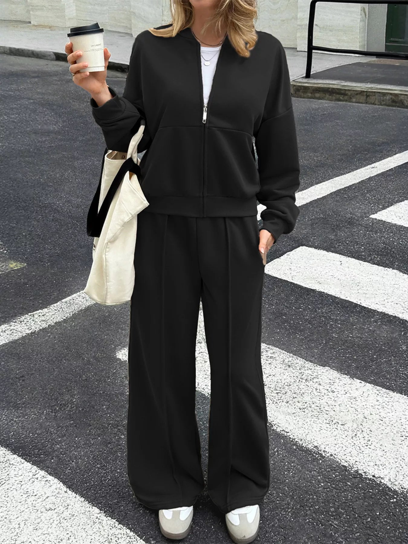 Sarah Express Women's Zip Up Drop Shoulder Top and Pants Set Black