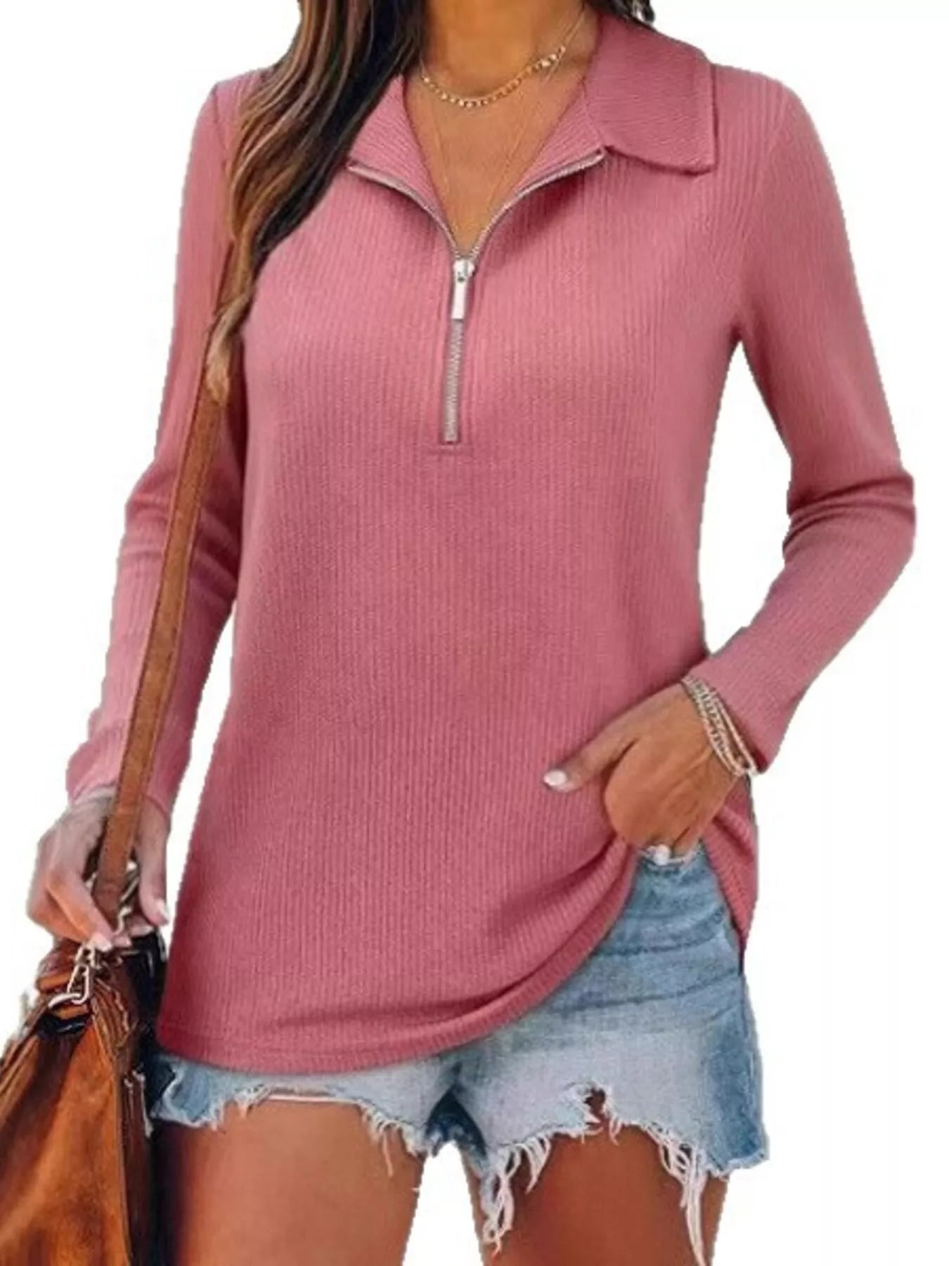 Sarah Express Women's Half Zip Long Sleeve Knit Top - Ribbed Pullover Sweater Pink