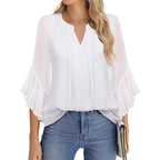 Women's Lotus Leaf Ruffle Sleeve Pullover Top Loose Fit 3/4 Sleeve