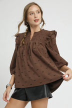 Sarah Express Women’s Bow Print Corduroy Blouse with Puff Sleeves and Ruffles