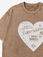 Sarah Express Women's Heart Round Neck Short Sleeve T-Shirt - Oversized Washed Cotton Tee