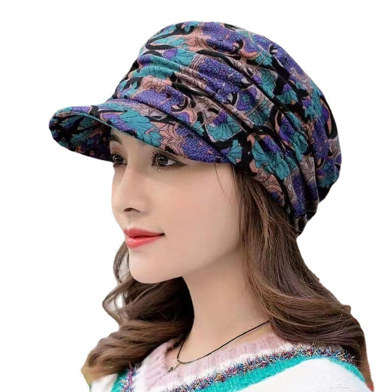 Floral Print Duck Cap Dome Hat Short Brim with Neck Protection