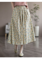 Floral Print Cotton Midi Skirt Elastic Waist Women's