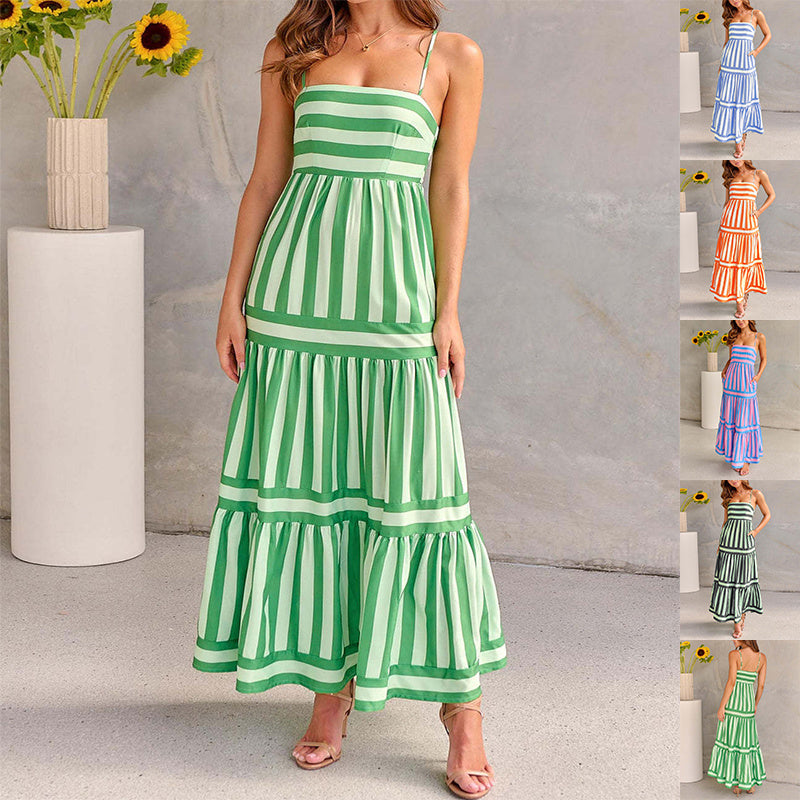 Striped Square Neck Maxi Dress Backless Suspender with Pockets