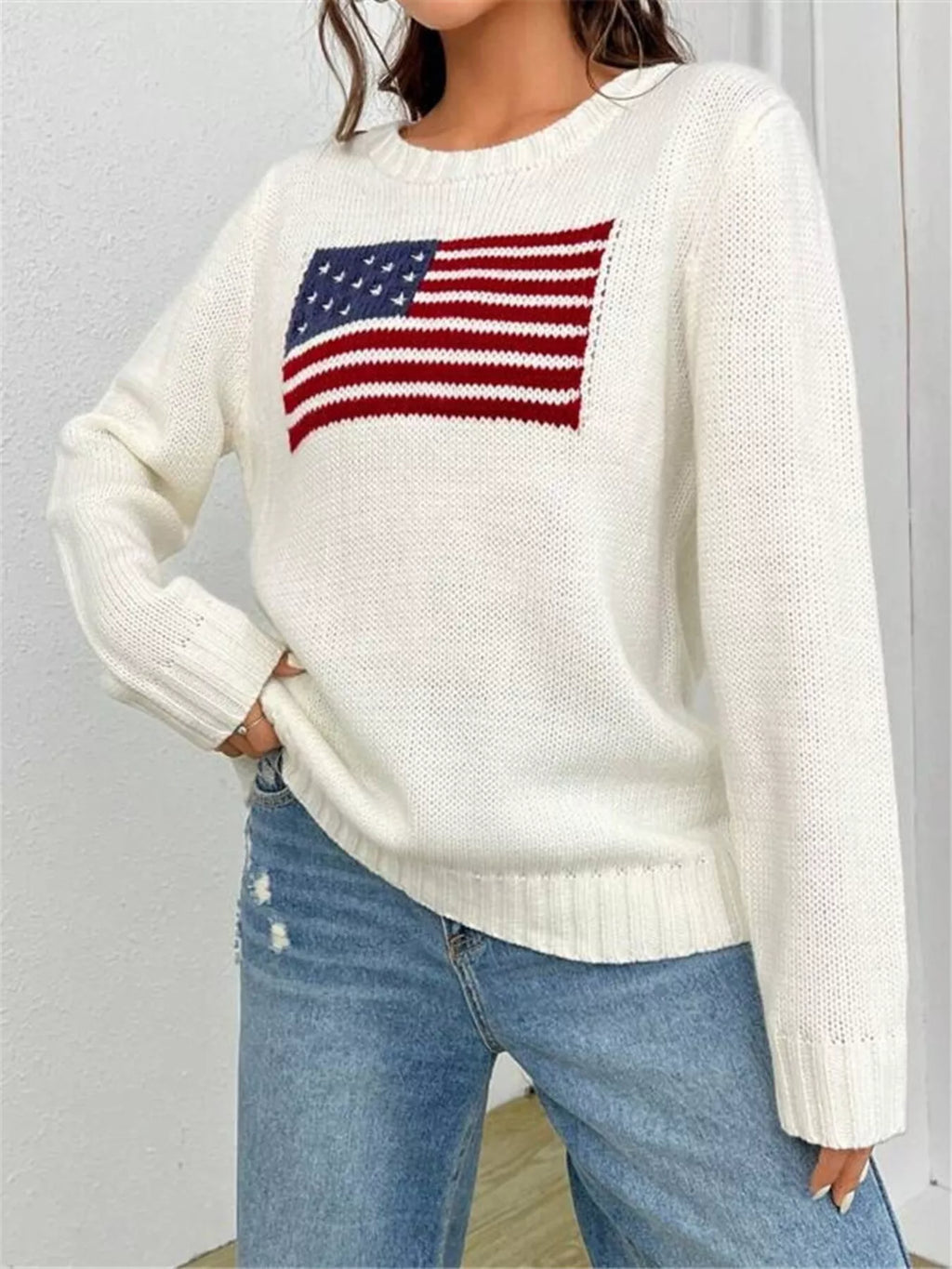 Sarah Express Women's US Flag Round Neck Long Sleeve Sweater