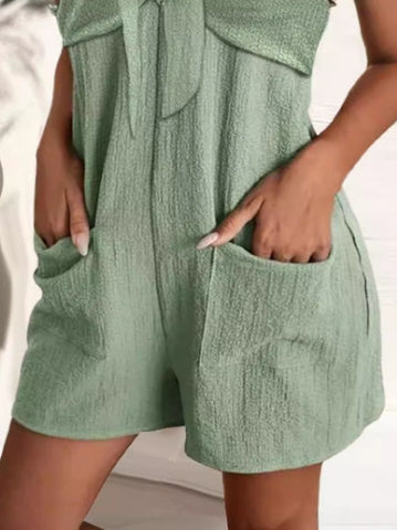 High Waist Sleeveless Romper Jumpsuit Metal Strap Pockets