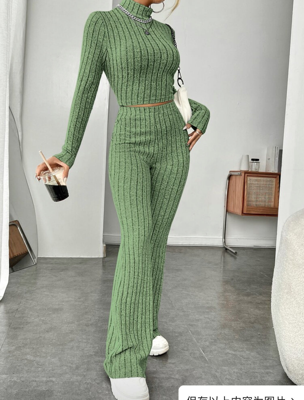Women's Turtleneck Top and Wide Leg Pants Two-Piece Set Cotton Loungewear Suit