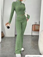 Women's Turtleneck Top and Wide Leg Pants Two-Piece Set Cotton Loungewear Suit