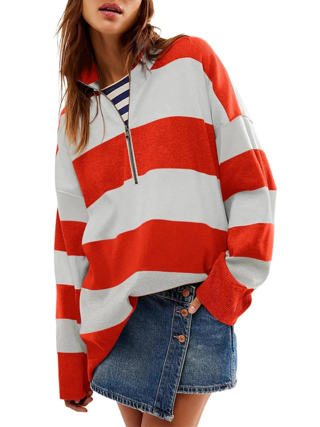 Sarah Express Women's Striped Half-Zip Oversized Sweatshirt - Retro Color Block Pullover