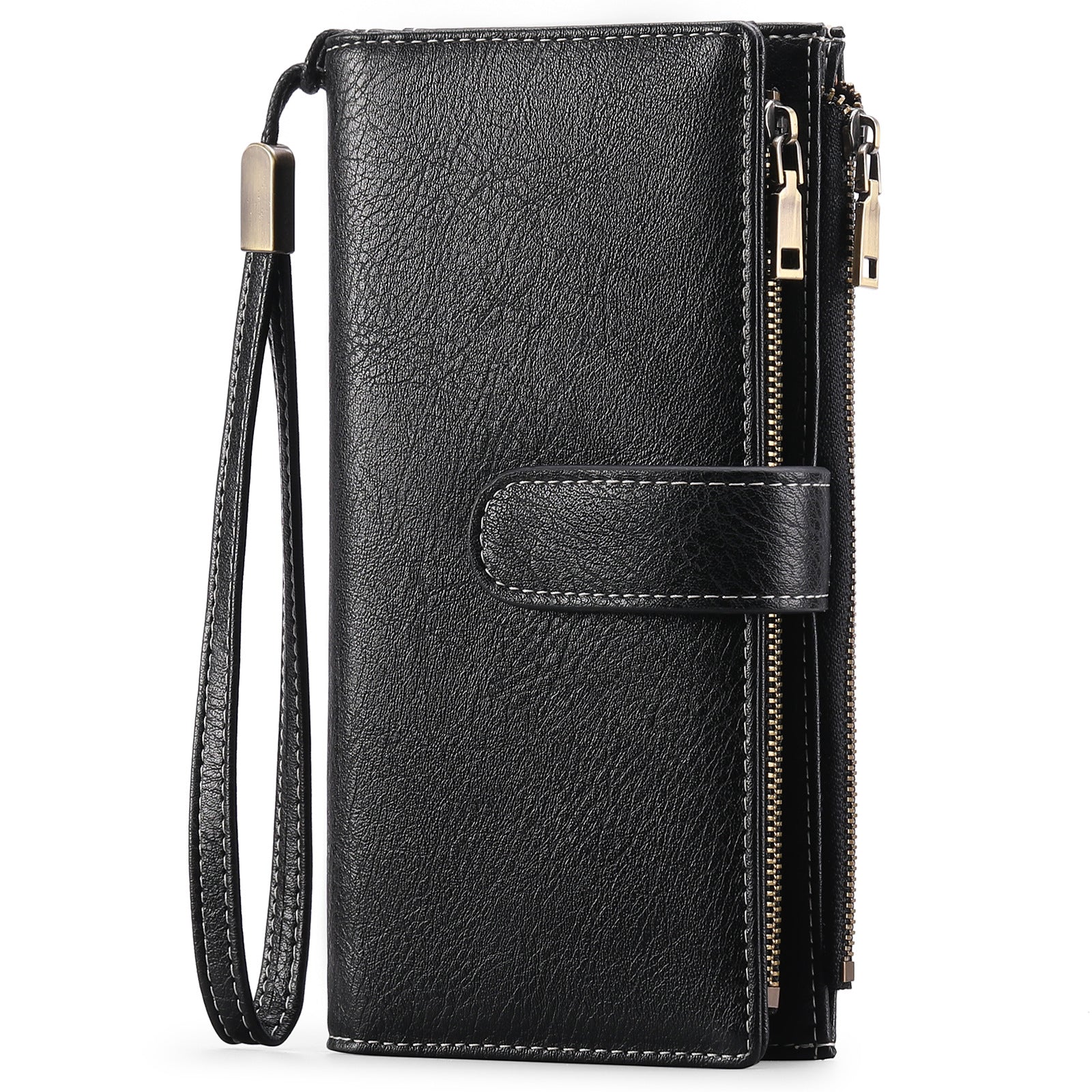 Sarah Express Women's Vintage Tri-Fold Wallet with RFID Protection - Oil Wax Leather Long Purse Midnight Black