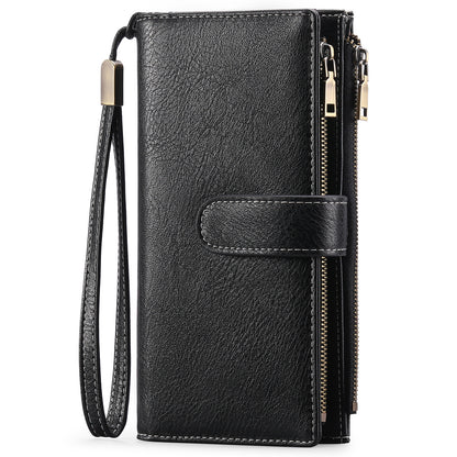 Sarah Express Women's Vintage Tri-Fold Wallet with RFID Protection - Oil Wax Leather Long Purse Midnight Black